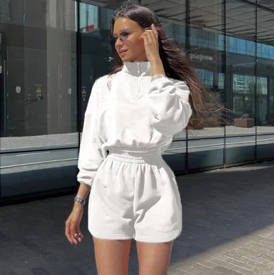 Women Fashion Athleisure Solid Color Long-Sleeve Half-High Collar Zipper Sweatshirt Loose Shorts Two-Piece Set