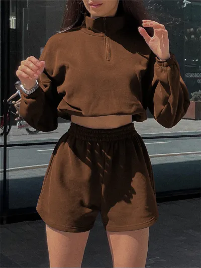 Women Fashion Athleisure Solid Color Long-Sleeve Half-High Collar Zipper Sweatshirt Loose Shorts Two-Piece Set