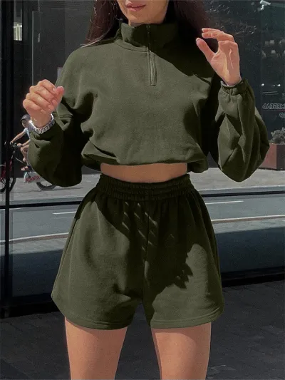 Women Fashion Athleisure Solid Color Long-Sleeve Half-High Collar Zipper Sweatshirt Loose Shorts Two-Piece Set