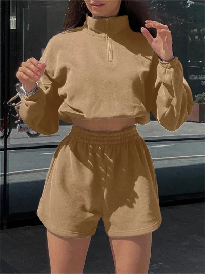 Women Fashion Athleisure Solid Color Long-Sleeve Half-High Collar Zipper Sweatshirt Loose Shorts Two-Piece Set