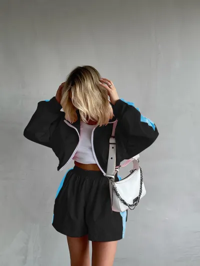 Women Fashion Athleisure Color Block Long Sleeve Zipper Cardigan Loose Shorts Two-Piece Set