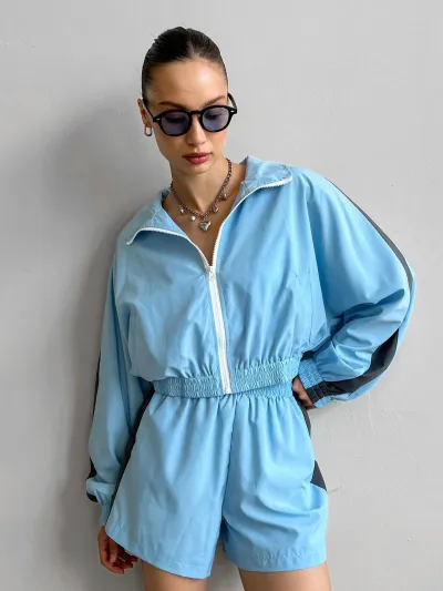 Women Fashion Athleisure Color Block Long Sleeve Zipper Cardigan Loose Shorts Two-Piece Set