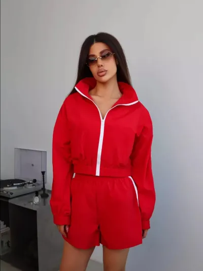 Women Fashion Athleisure Color Block Long Sleeve Zipper Cardigan Loose Shorts Two-Piece Set