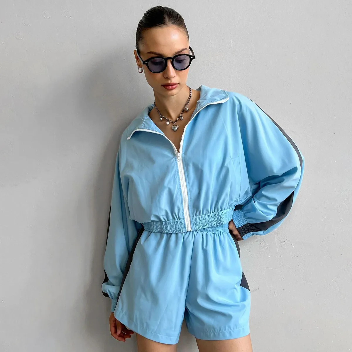 Women Fashion Athleisure Color Block Long Sleeve Zipper Cardigan Loose Shorts Two-Piece Set