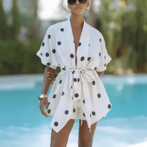 Women Fashion Casual Polo Dot Printed Bat Sleeve Lace-Up Top Loose Shorts Two-Piece Set
