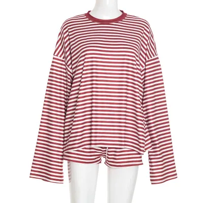 Women Fashion Casual Stripe Loose Long-Sleeve Top Lace-Up Shorts Two-Piece Set