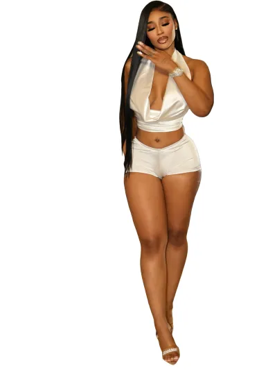 Women Fashion Sexy Solid Color Satin Deep Halter-Neck V-Neck Crop Top Tight Shorts Two-Piece Set