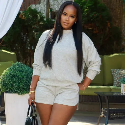 Women Fashion Casual Simple Solid Color Round Neck Long Sleeve Sweatshirt Pocket Rubber Drawstring Shorts Two-Piece Set