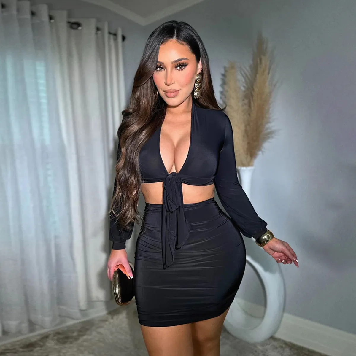 Women Fashion Sexy Solid Color Long Sleeve Crop Top Tight Mini Skirt Two-Piece Set