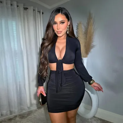Women Fashion Sexy Solid Color Long Sleeve Crop Top Tight Mini Skirt Two-Piece Set