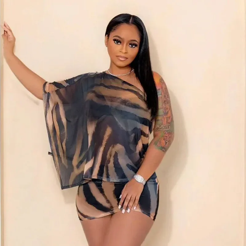Women Fashion Sexy Claw Print Shawl Top Tight Mini Skirt Two-Piece Set
