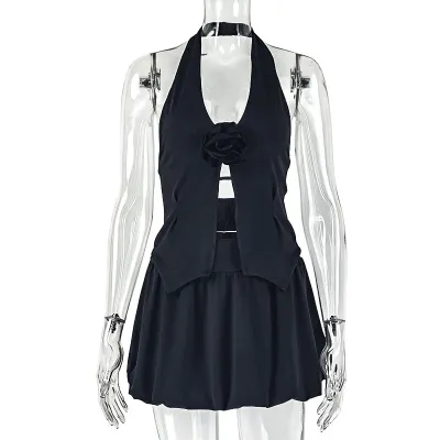 Women Fashion Sexy Solid Color Halter-Neck Backless Top Pleated Mini Skirts Two-Piece Set