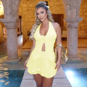 Women Fashion Sexy Solid Color Halter-Neck Backless Top Pleated Mini Skirts Two-Piece Set