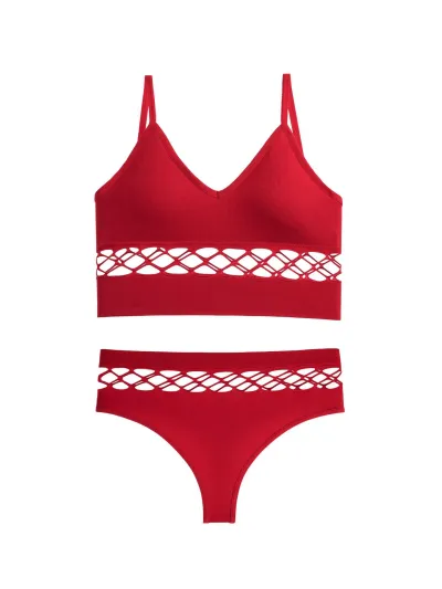 Women Basic Solid Color Hollow Out Bra And Panties Sport Lingerie Set