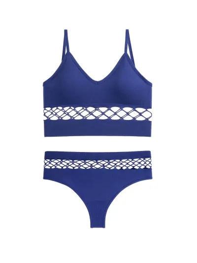 Women Basic Solid Color Hollow Out Bra And Panties Sport Lingerie Set