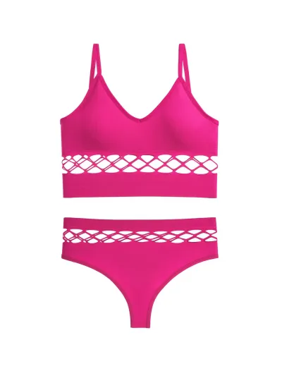 Women Basic Solid Color Hollow Out Bra And Panties Sport Lingerie Set