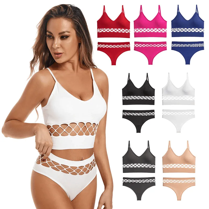 Women Basic Solid Color Hollow Out Bra And Panties Sport Lingerie Set