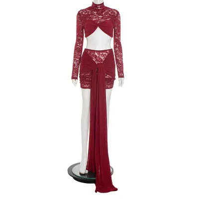 Women Fashion Sexy Solid Color Lace Mesh Long-Sleeve Slim-Fit Crop Top Long Strap Mini Skirts Two-Piece Set