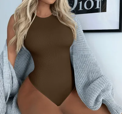 Women Basic Solid Color Round Neck Sleeveless Bodysuit Shapewear