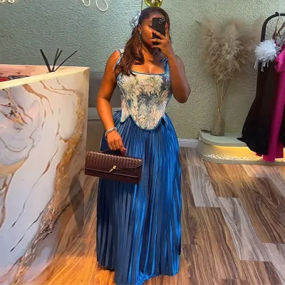Women Fashion Sexy Elegant Print Tight Waist Tank Top High Waist Pleated Maxi Skirt Two-Piece Set