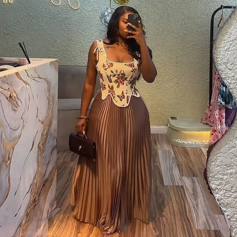 Women Fashion Sexy Elegant Print Tight Waist Tank Top High Waist Pleated Maxi Skirt Two-Piece Set