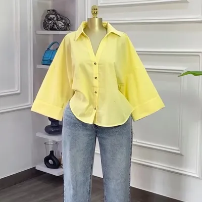 Women Fashion Casual Solid Color Lapel Long-Sleeve Loose Blouse
