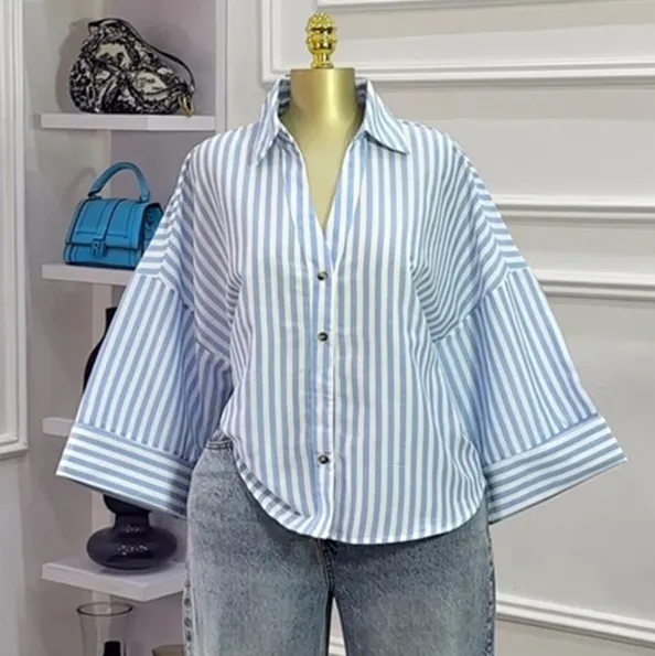 Women Fashion Casual Solid Color Lapel Long-Sleeve Loose Blouse