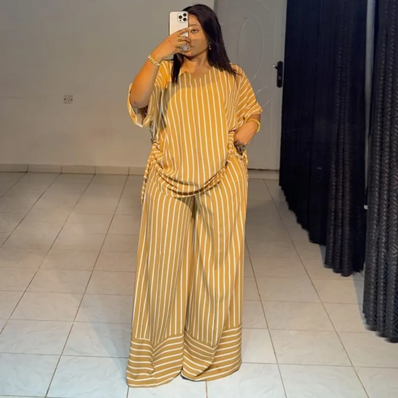 Women Fashion Casual Stripe V-Neck Short-Sleeve Top Wide Leg Pants Two-Piece Set