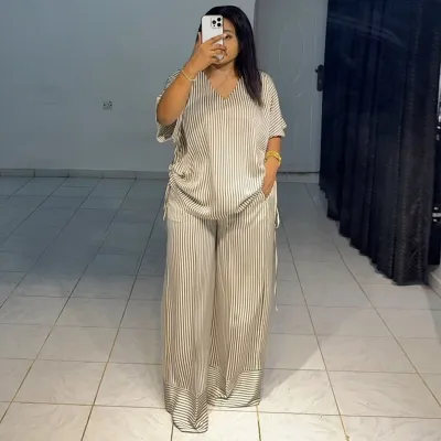 Women Fashion Casual Stripe V-Neck Short-Sleeve Top Wide Leg Pants Two-Piece Set
