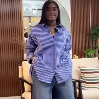 Women Fashion Casual Blue Stripe Lapel Long Sleeve Loose Blouse