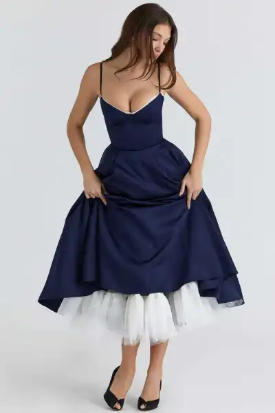 Women Fashion Sexy Elegant Mesh Stitching Fishbone Spaghetti Strap Loose Dress