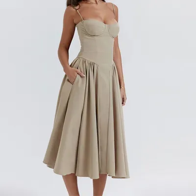 Women Fashion Sexy Solid Color Thick Material Spaghetti Strap Loose Dress