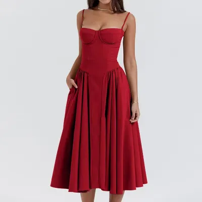 Women Fashion Sexy Solid Color Thick Material Spaghetti Strap Loose Dress
