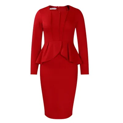 Women Fashion Elegant Solid Color Long Sleeve Ruffled Slim Fit African Dress