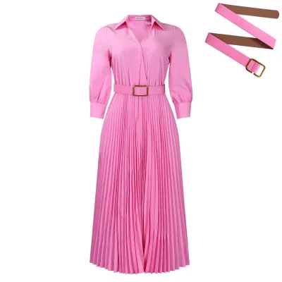 Women Fashion Elegant Solid Color Lapel Long Sleeve High Waist Pleated African Dress