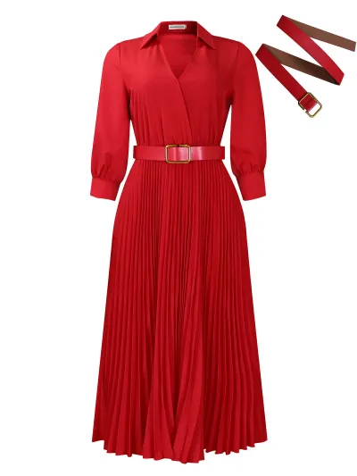 Women Fashion Elegant Solid Color Lapel Long Sleeve High Waist Pleated African Dress