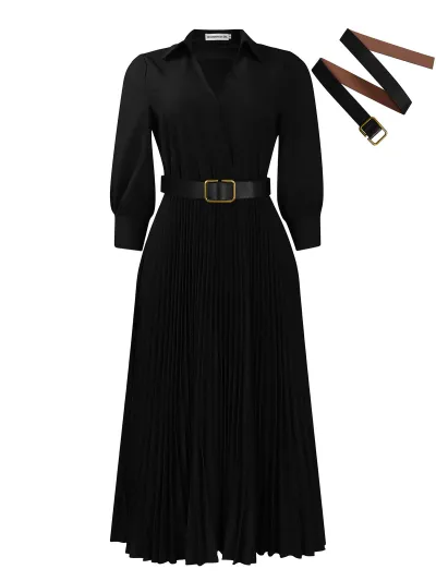 Women Fashion Elegant Solid Color Lapel Long Sleeve High Waist Pleated African Dress