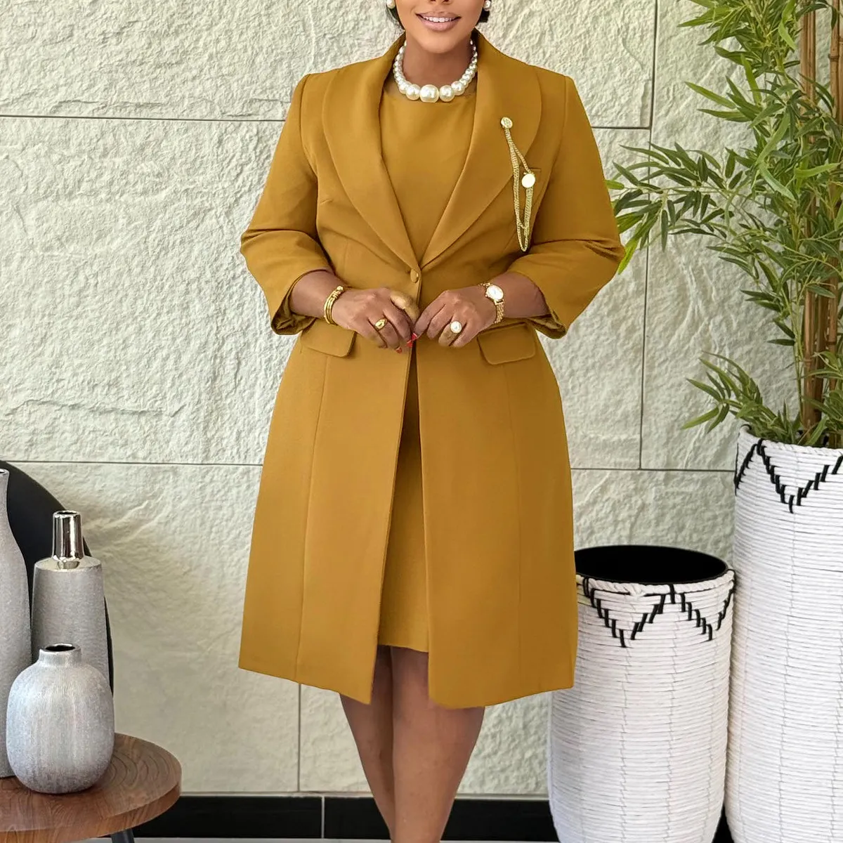 Women Fashion Elegant Solid Color Lapel Long-Sleeve Coat Slim Fit Mini Skirt African Two-Piece Set