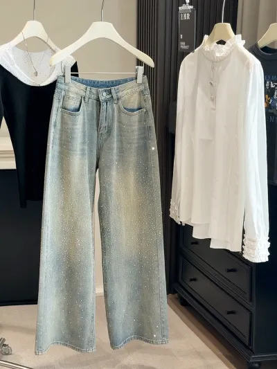 Women Fashion Casual Rhinestone Wide Leg Jeans