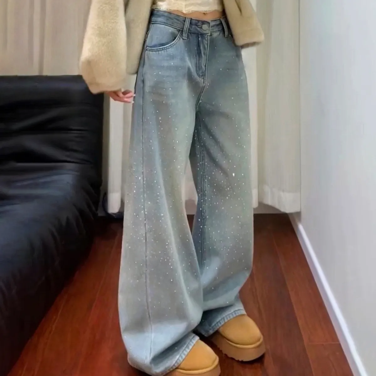 Women Fashion Casual Rhinestone Wide Leg Jeans