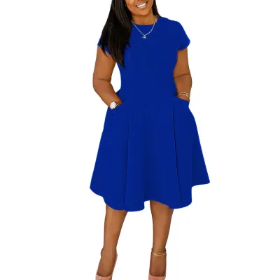 Women Fashion Casual Solid Color Round Neck Short-Sleeve Pocket Loose Dress