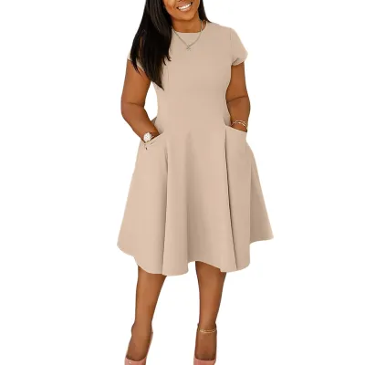 Women Fashion Casual Solid Color Round Neck Short-Sleeve Pocket Loose Dress