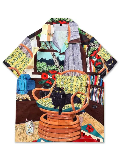 Men'S Fashion Casual Creative Cartoon Printed Lapel Short-Sleeve Shirt