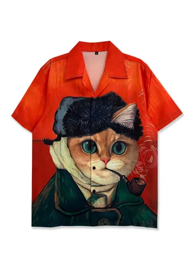 Men'S Fashion Casual Creative Cartoon Printed Lapel Short-Sleeve Shirt