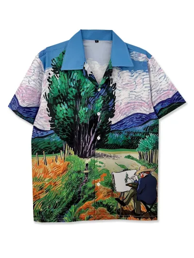 Men'S Fashion Casual Creative Cartoon Printed Lapel Short-Sleeve Shirt