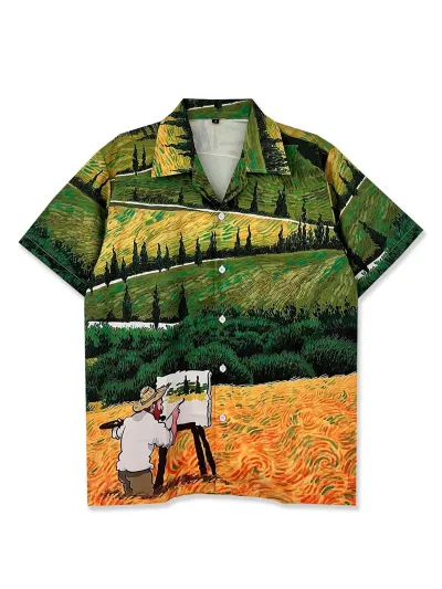 Men'S Fashion Casual Creative Cartoon Printed Lapel Short-Sleeve Shirt