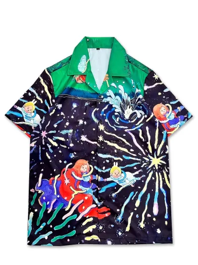 Men'S Fashion Casual Creative Cartoon Printed Lapel Short-Sleeve Shirt