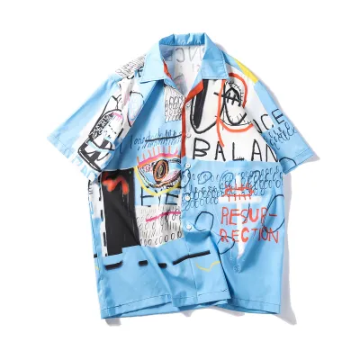 Men Fashion Casual Retro Digital Printed Lapel Short-Sleeve Thin Loose Shirt
