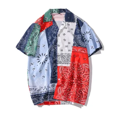 Men Fashion Casual Retro Digital Printed Lapel Short-Sleeve Thin Loose Shirt