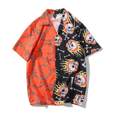 Men Fashion Casual Retro Digital Printed Lapel Short-Sleeve Thin Loose Shirt